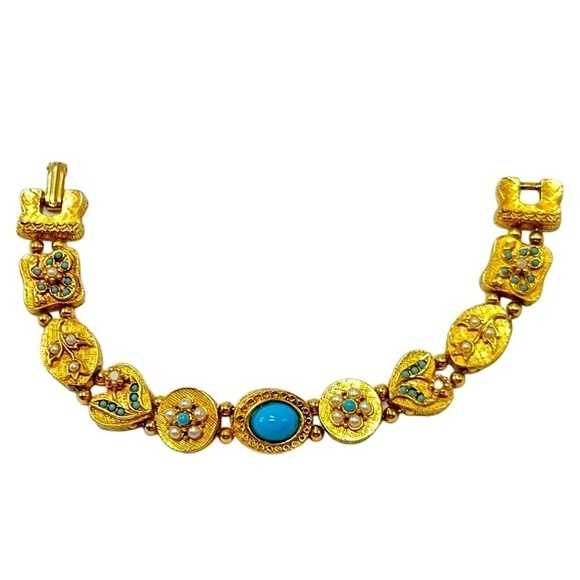 None Jewelry - Vintage 60s Gold Tone Slide Carm Bracelet Faux Turquoise & Pearl Victorian